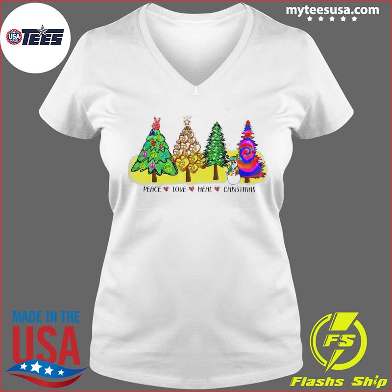 Peace Love Heal Christmas Tree Shirt Ladies V-neck