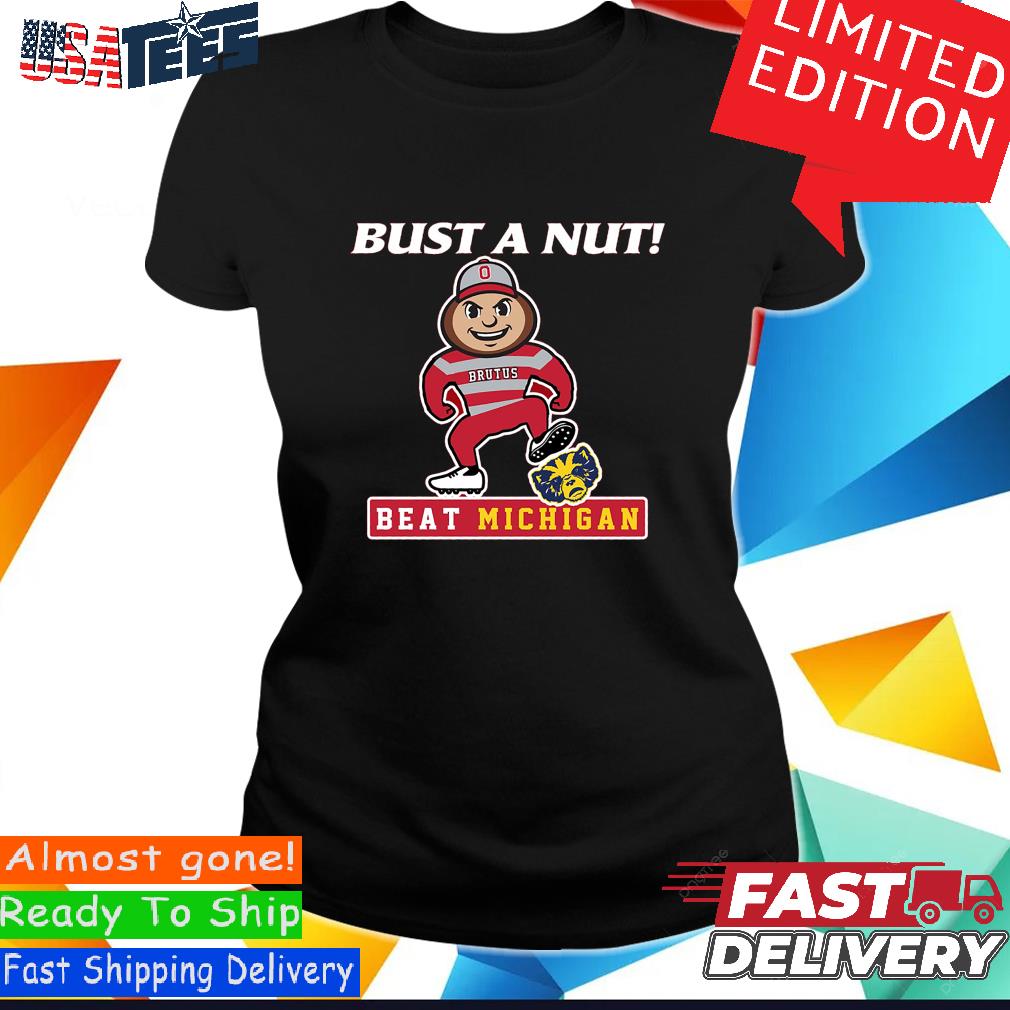 Bust A Nut! Beat Ohio State (Blue/Maize) T-Shirt for Michigan College Fans (SM-5XL) Short Sleeve / Maize / Small