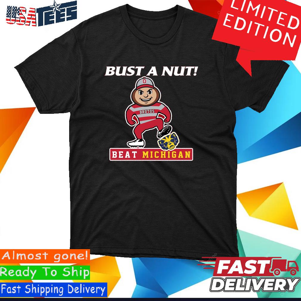 Bust A Nut! Beat Ohio State (Blue/Maize) T-Shirt for Michigan College Fans (SM-5XL) Short Sleeve / Maize / Small