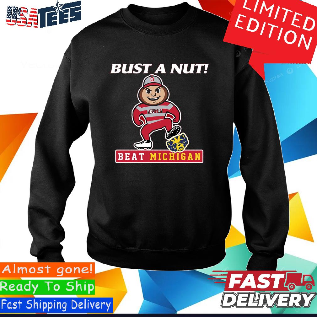 Bust A Nut! Beat Ohio State (Blue/Maize) T-Shirt for Michigan College Fans (SM-5XL) Short Sleeve / Maize / Small