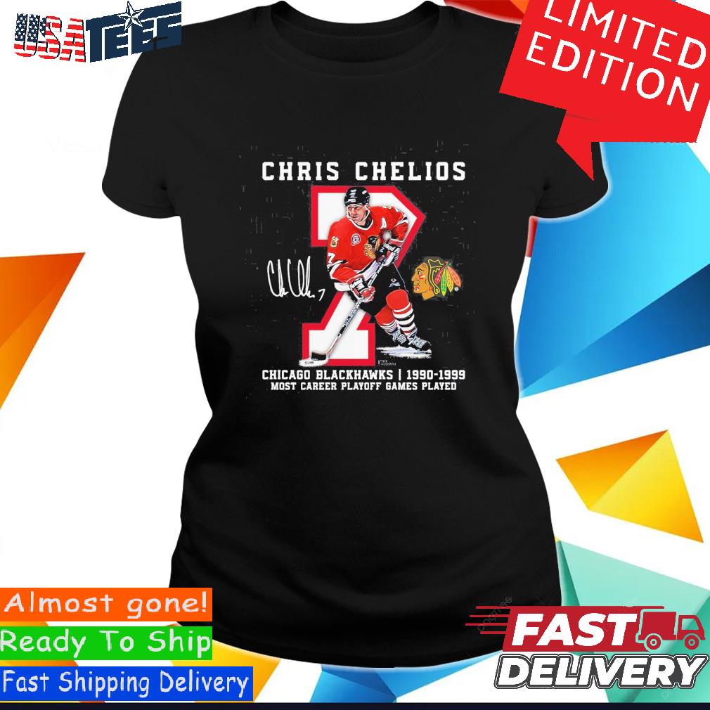 Official Chris Chelios Chicago Blackhawks 1990-1999 Most Career Playoff  Game Played Signature Shirt, hoodie, sweater and long sleeve