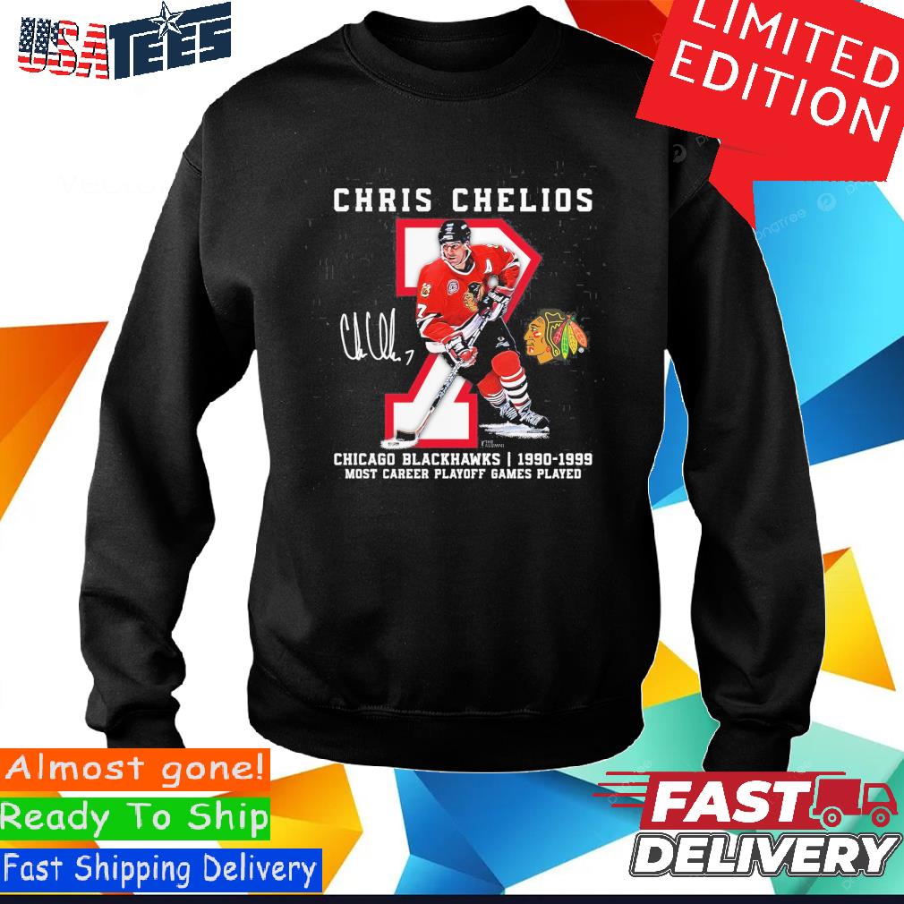 Official Chris Chelios Chicago Blackhawks 1990-1999 Most Career Playoff  Game Played Signature Shirt, hoodie, sweater and long sleeve