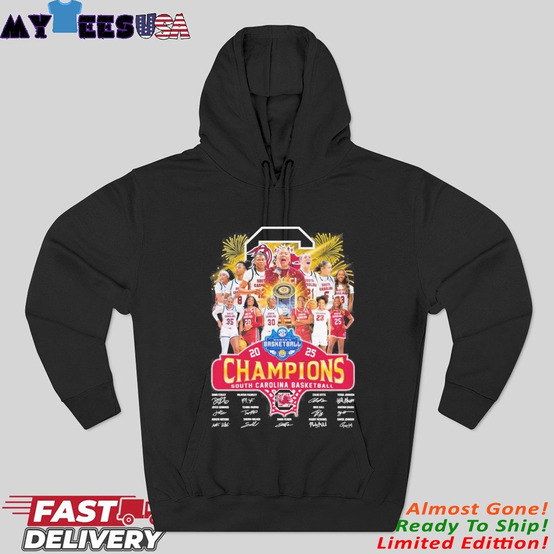 Official South Carolina Gamecocks Team 2025 SEC Women's Basketball Conference Tournament Champions Signatures Hoodie