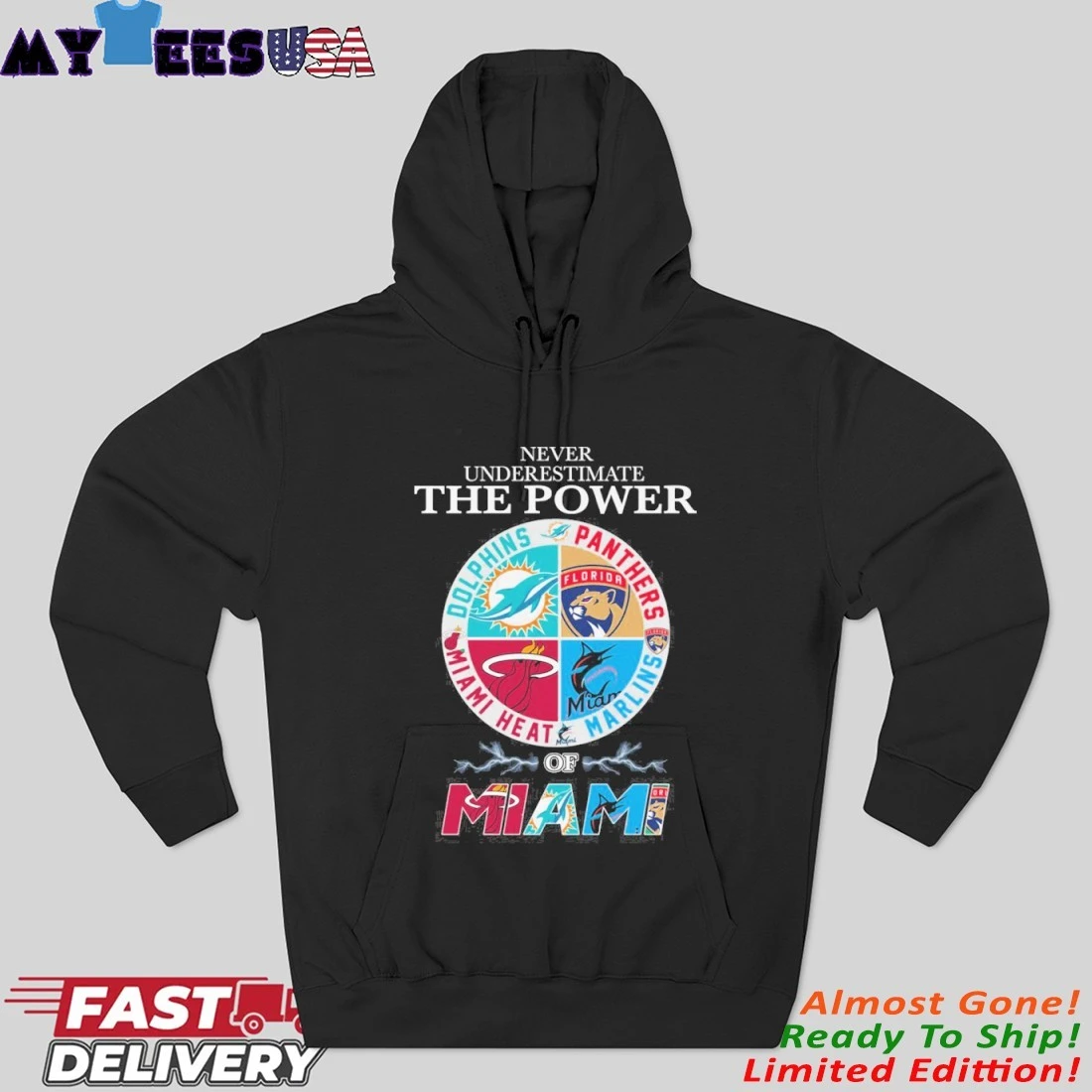 2025 Never Underestimate The Power Dolphins Panthers Marlins Miami Heat Of Miami Hoodie