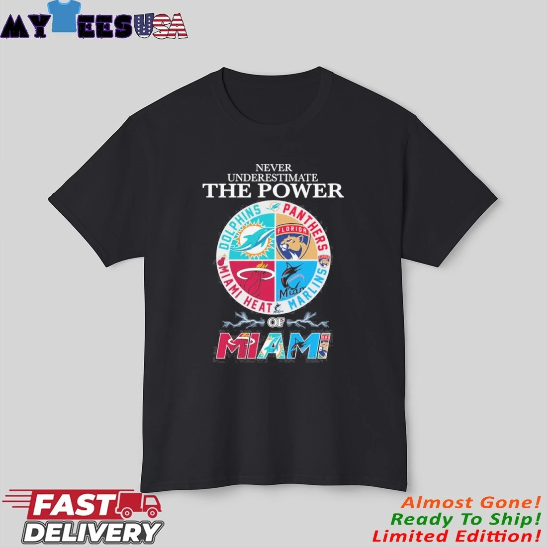 2025 Never Underestimate The Power Dolphins Panthers Marlins Miami Heat Of Miami Shirt