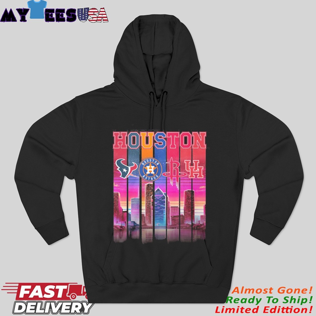 Houston Retro Skyline Texans Astros Rockets And Cougars Hoodie