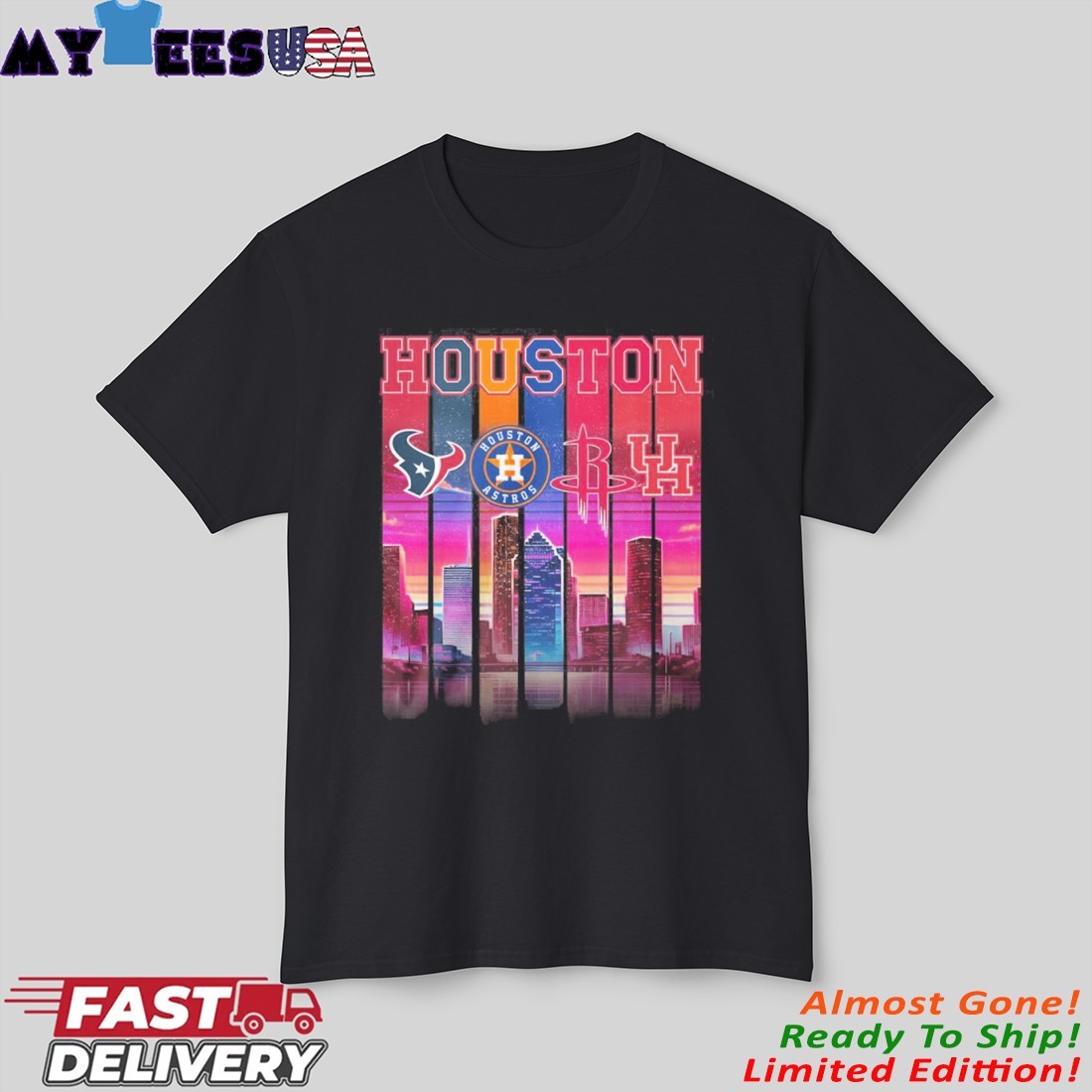 Houston Retro Skyline Texans Astros Rockets And Cougars Shirt
