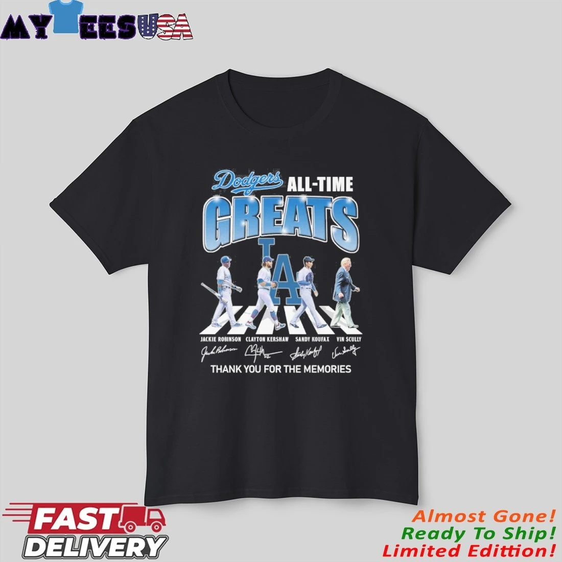 Official Dodgers All Time Greats Jackie Robinson Clayton Kershaw Sandy Koufax Vin Scully Signature Thank You For The Memories Shirt