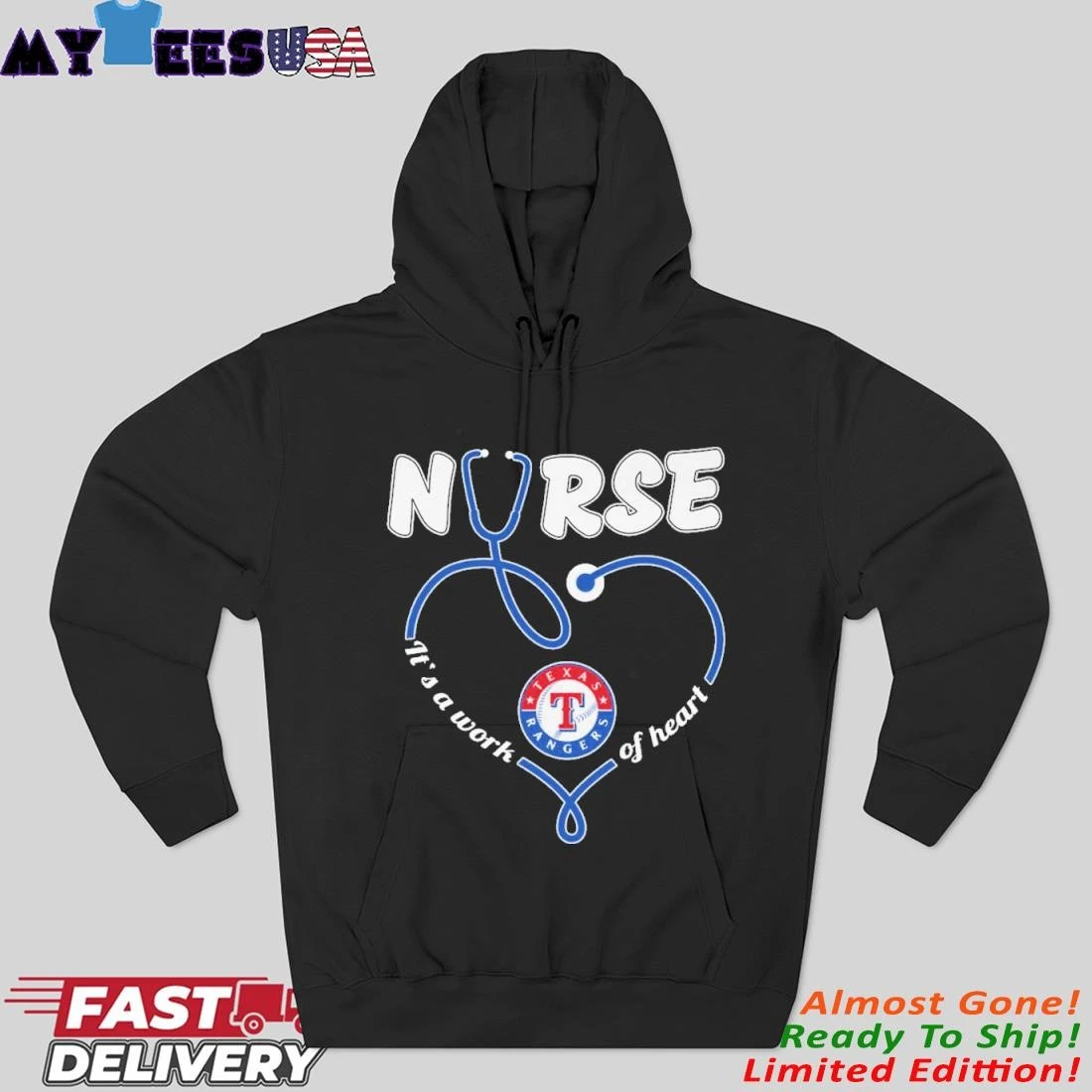 Official Stethoscope Nurse X Texas Rangers It's A Work Of Heart Hoodie