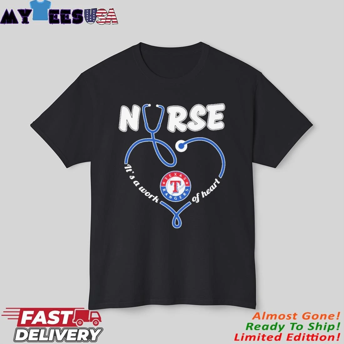 Official Stethoscope Nurse X Texas Rangers It's A Work Of Heart Shirt