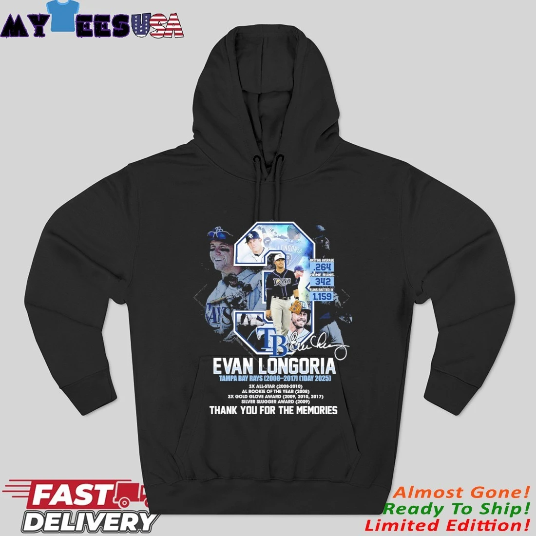 Official Tampa Bay Rays Evan Longoria 2008-2017 Thank You For The Memories Hoodie