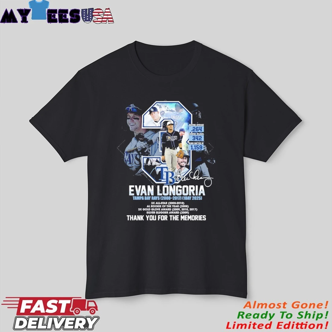Official Tampa Bay Rays Evan Longoria 2008-2017 Thank You For The Memories Shirt