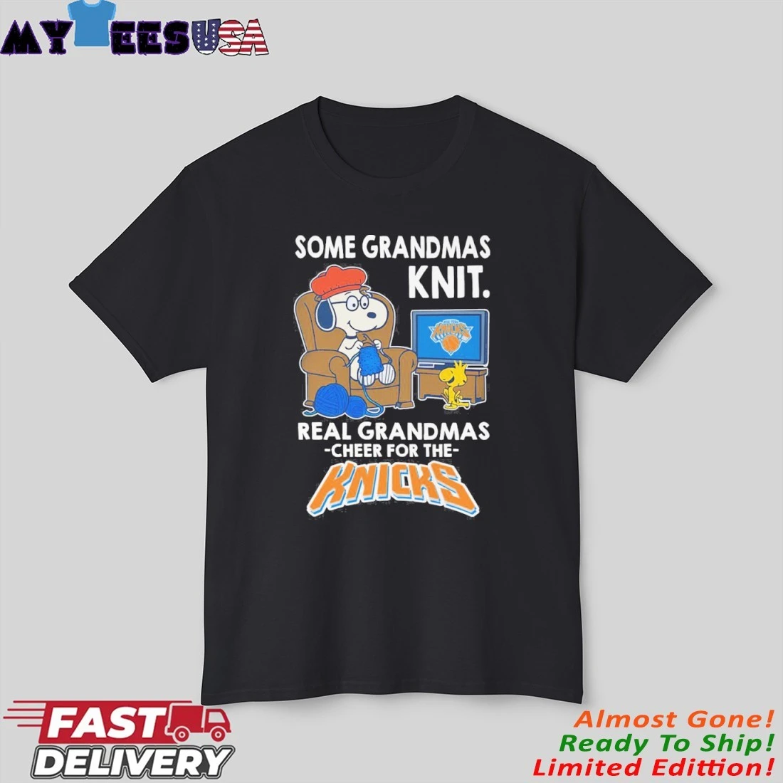Official The Peanuts Some Grandmas Knit Real Grandmas Cheer For The New York Knicks Shirt